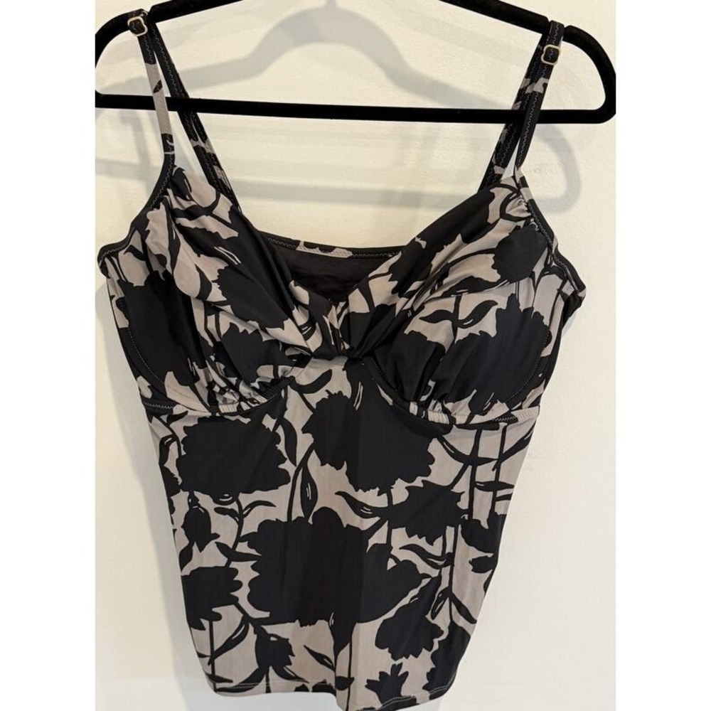 Lands End Black Gray Floral Print Swimsuit Tankini Top Underwire Adjustable 18